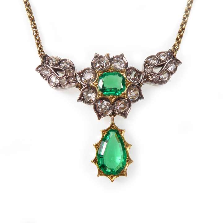 Emerald and diamond pendant chain necklace